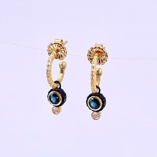 Teal Sapphire and Diamond Hoop Two Stone Earrings