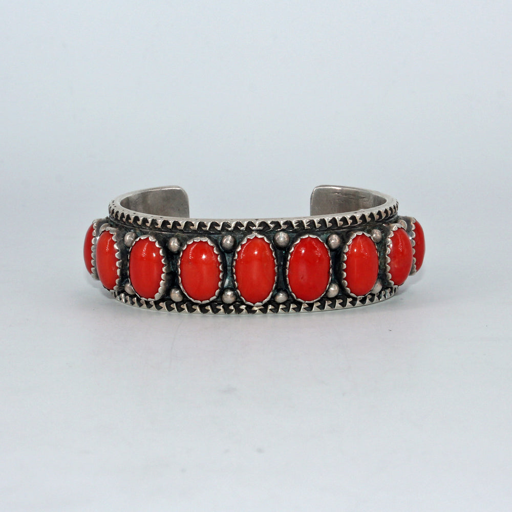 9 Stone Coral & Heavy Stamped Sterling Silver Cuff