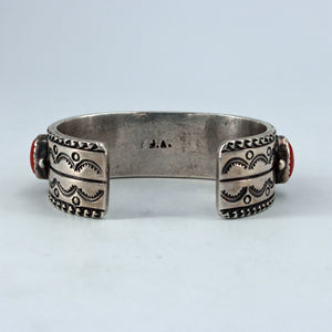 9 Stone Coral & Heavy Stamped Sterling Silver Cuff