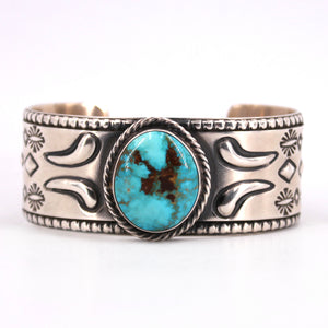 Heavy Stamped Silver and Turquoise Cuff