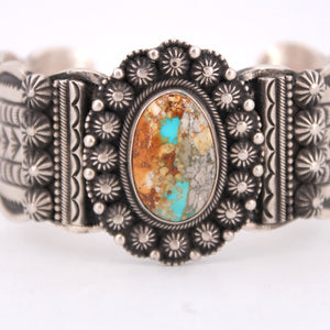 Native American Boulder Turquoise Engraved Silver Cuff by MR Calladitto