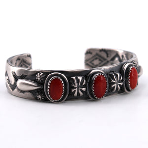 3 Stone Stamped Red Coral Cuff