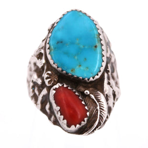 Turquoise And Coral Textured Ring