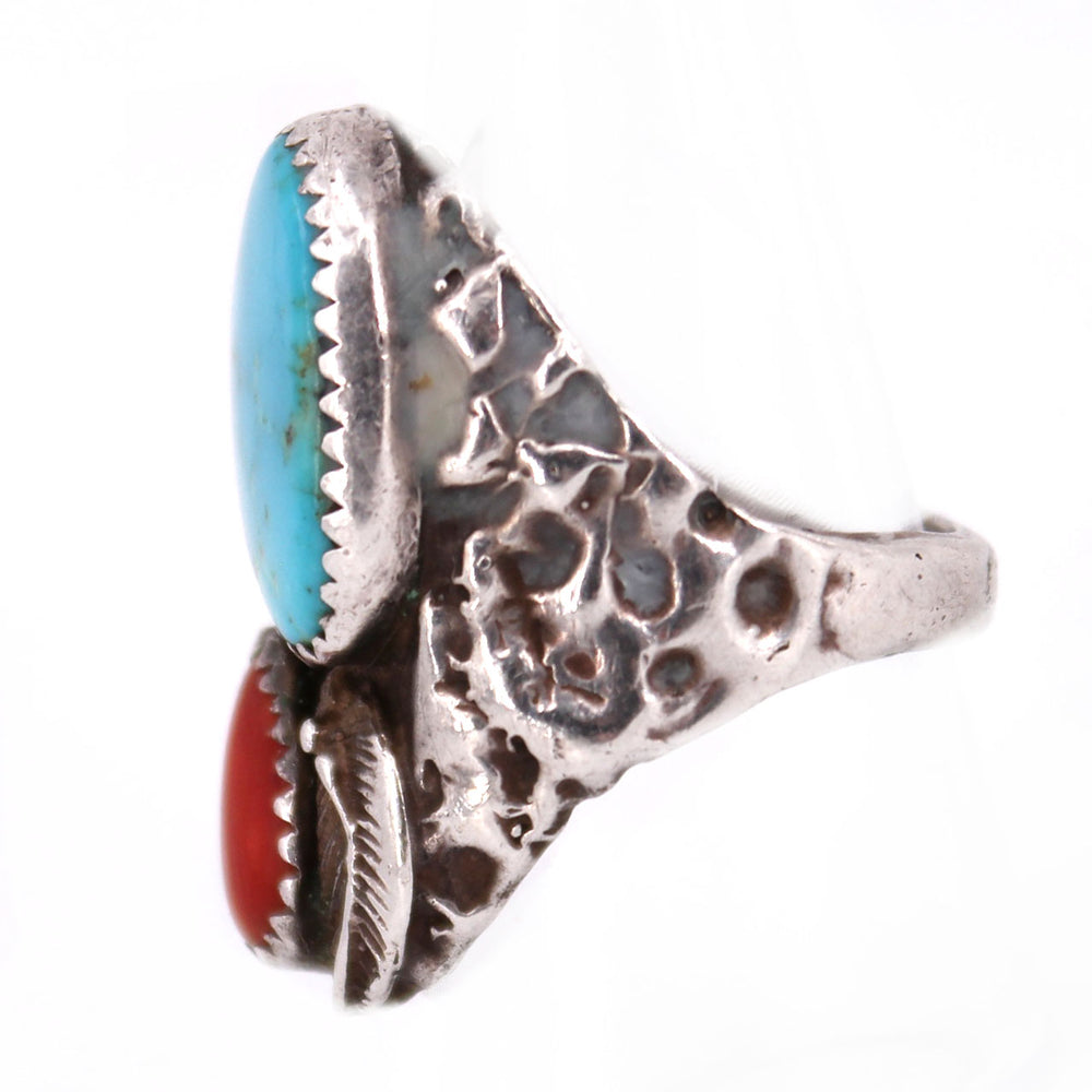 Turquoise And Coral Textured Ring
