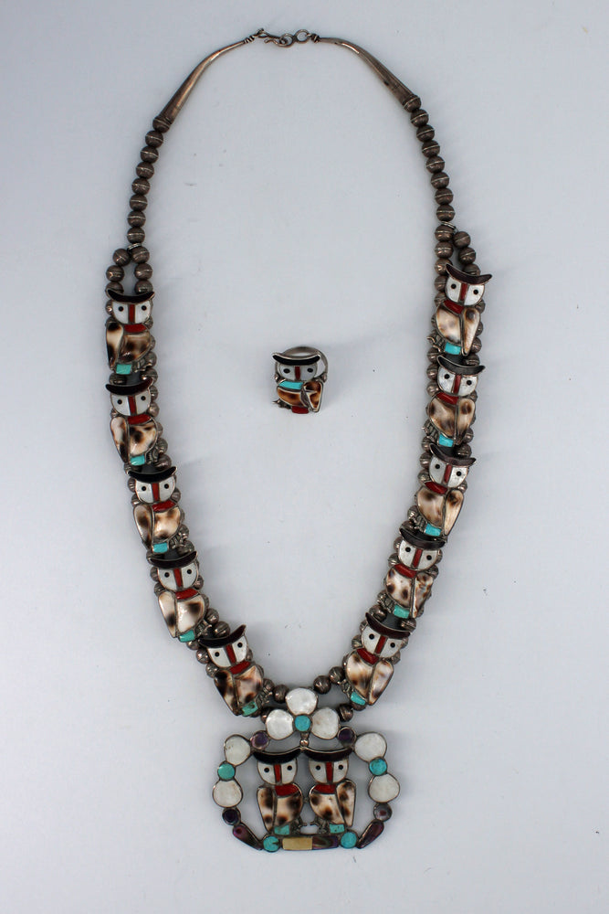 Zuni Owl Inlay Squash Blossom Necklace & Ring Set
