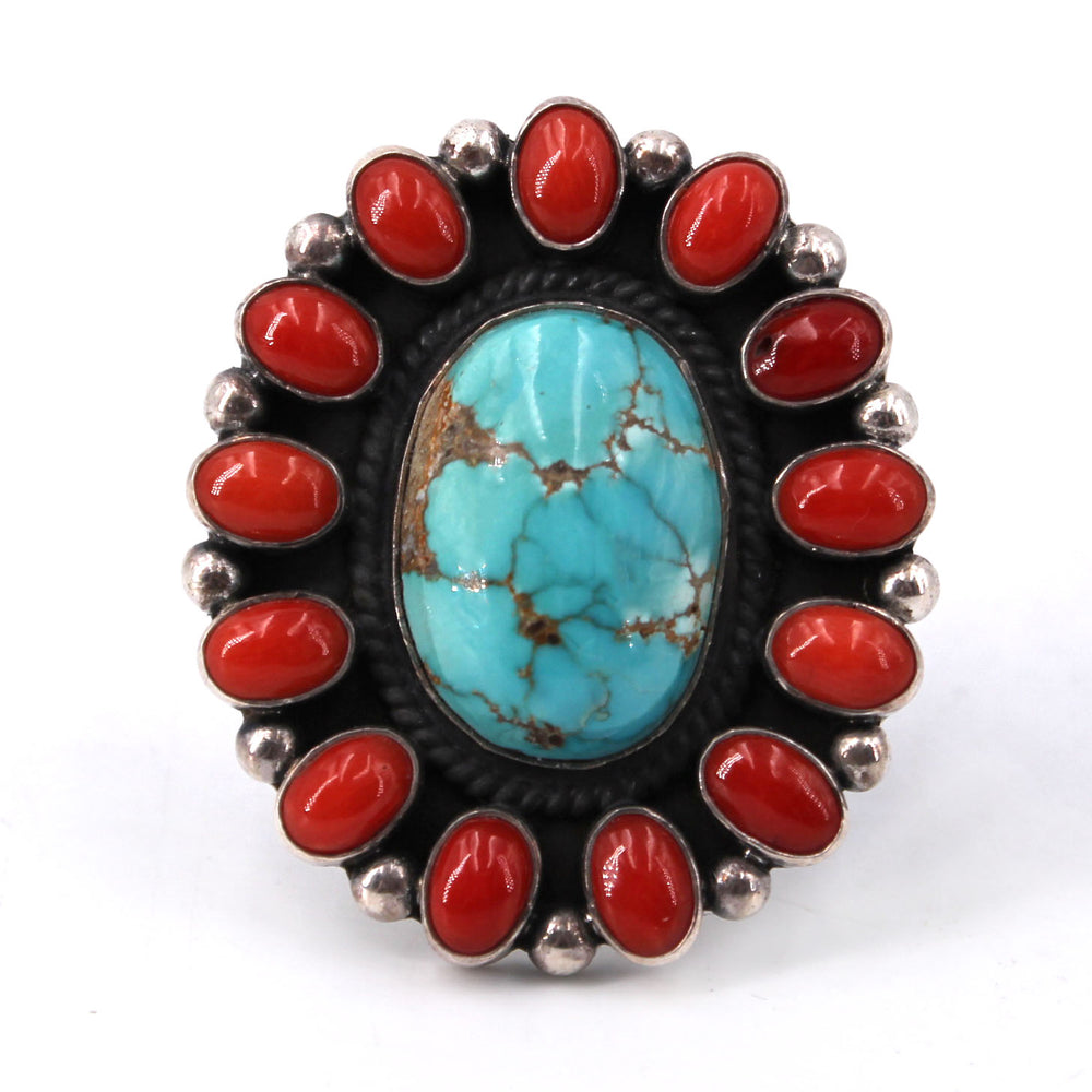Red Coral and Turquoise Cluster Flower Ring – Squash Blossom