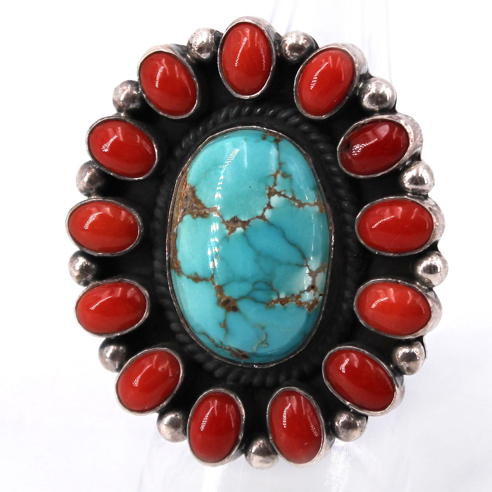 Red Coral and Turquoise Cluster Flower Ring