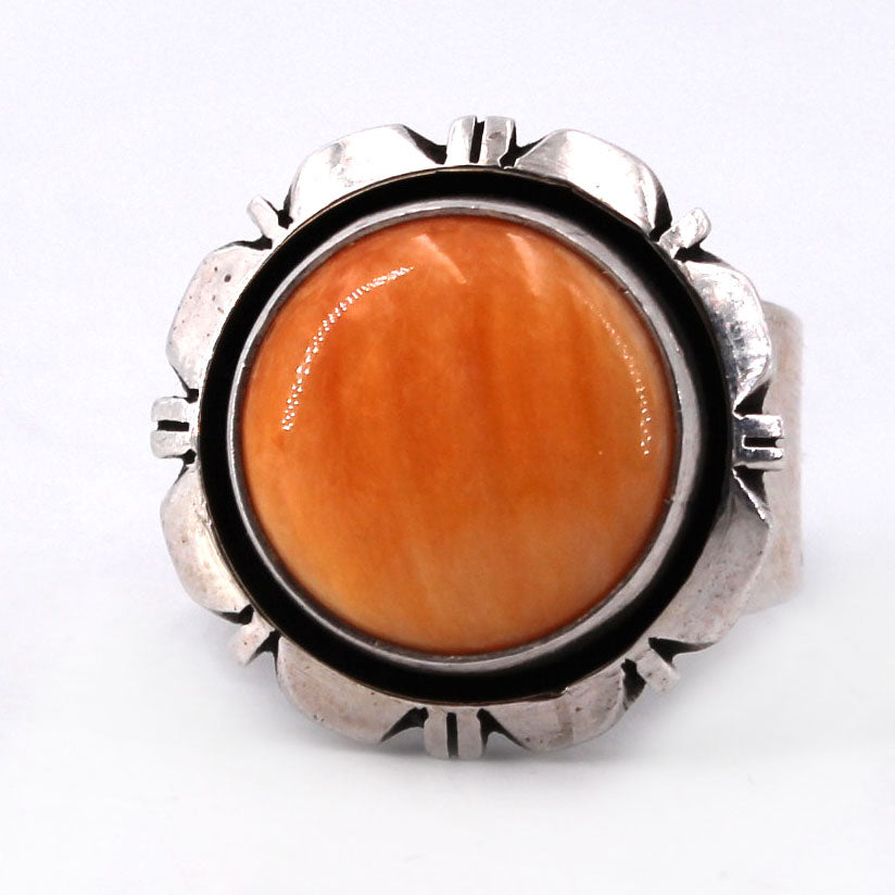 Orange Spiny Oyster and Sterling Silver Ring with Starburst/Flower Detailing