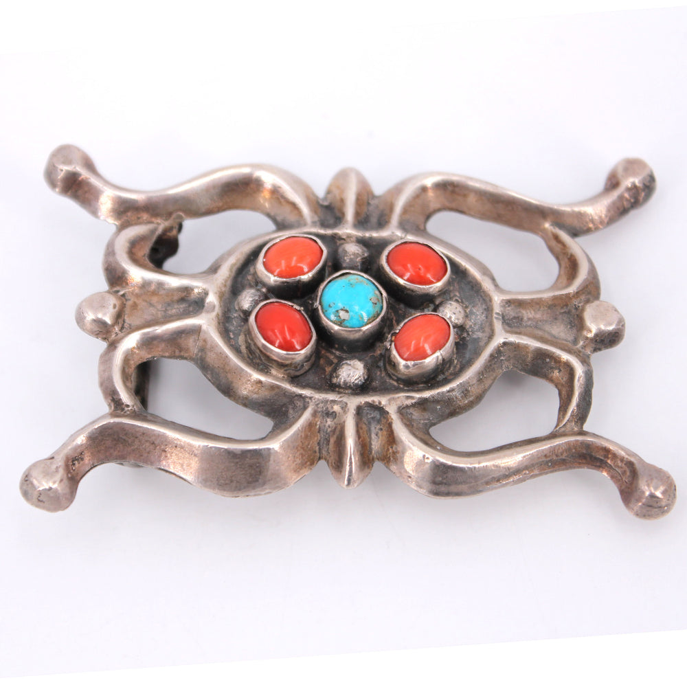 Ornate 5-Stone Turquoise and Red Coral Belt Buckle