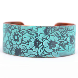 Birds And Flowers Blue Copper Cuff