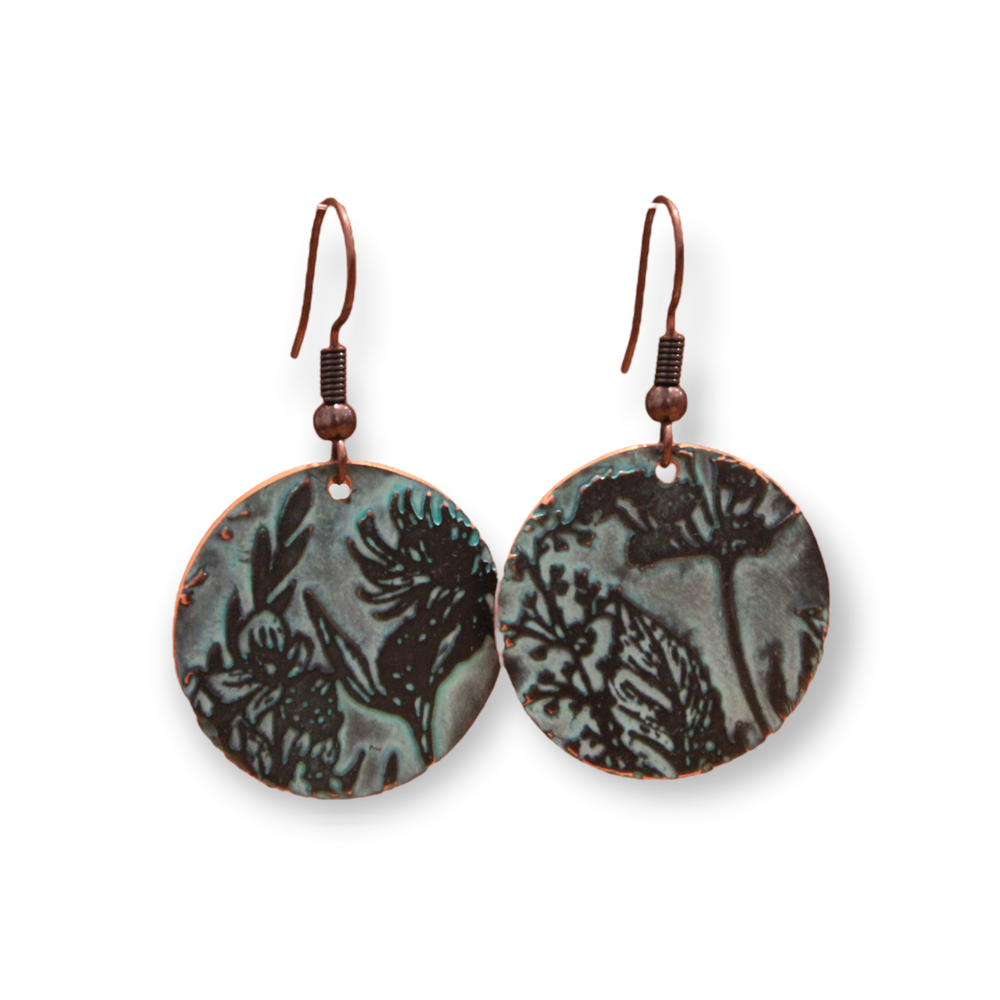 Prairie Flower Blue Round Copper Earrings