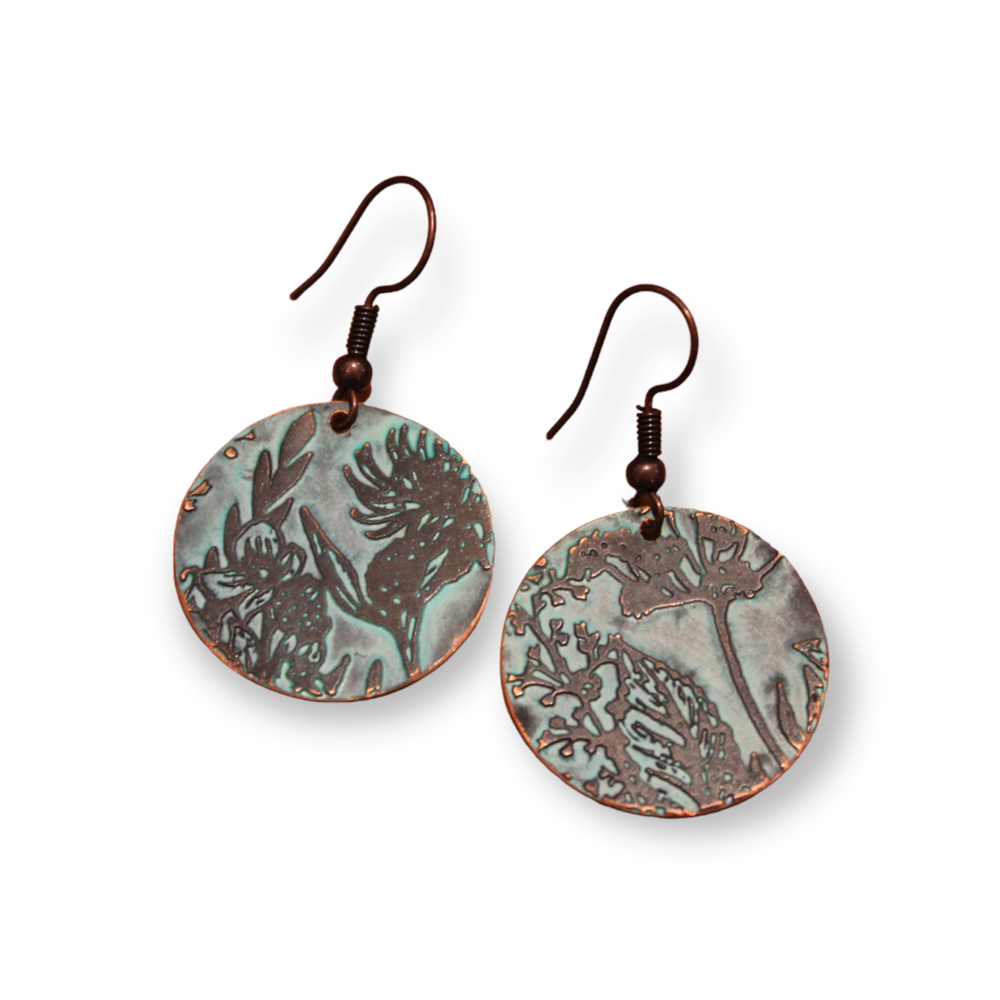 Prairie Flower Blue Round Copper Earrings