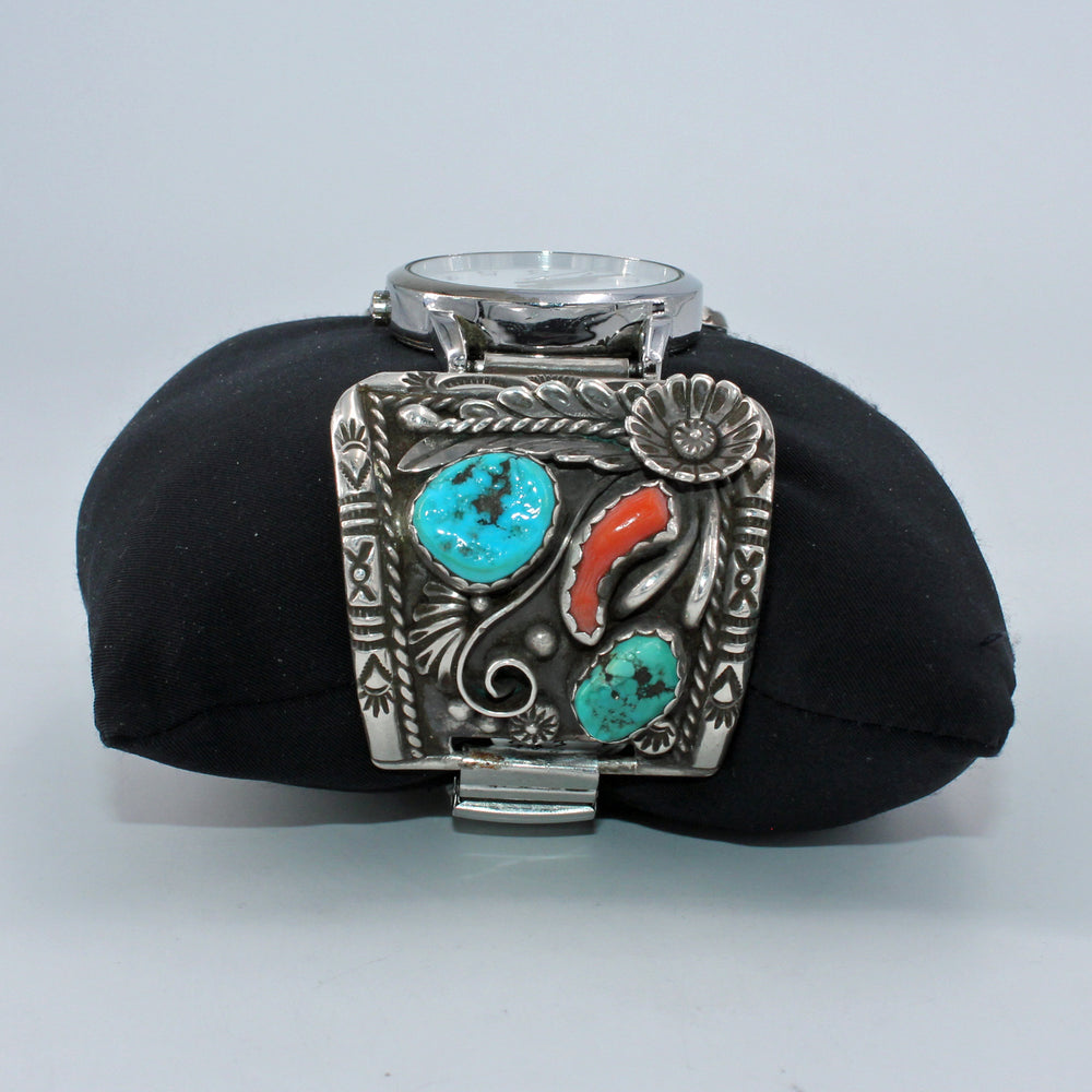 Turquoise & Coral Heavy Stamped Sterling Silver Watch