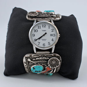 Turquoise & Coral Heavy Stamped Sterling Silver Watch