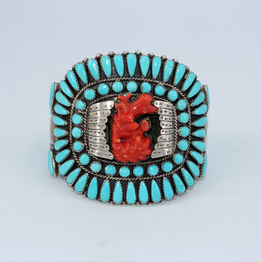 Large Zuni Petit Point Turquoise & Coral Cuff