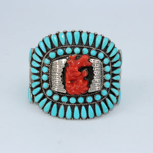 Large Zuni Petit Point Turquoise & Coral Cuff