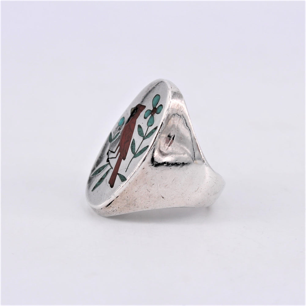 Hollow-Form Sterling Silver with Cardinal Inlay Ring