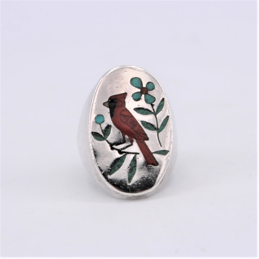 Hollow-Form Sterling Silver with Cardinal Inlay Ring