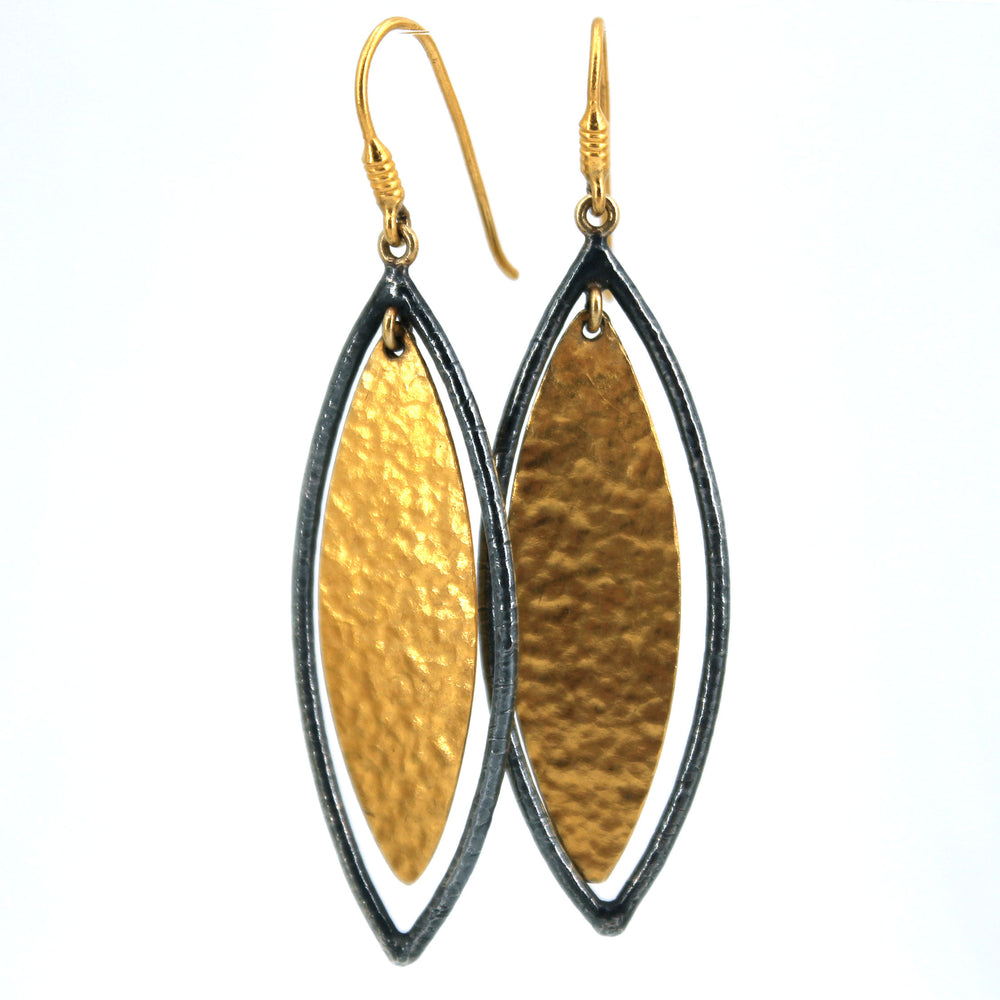 24k Gold & Oxidized Sterling Silver Long Marquise Earrings