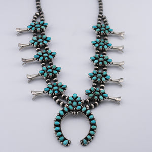 Pansy Johnson: Campitos/Fox/Tyrone Turquoise Cluster Squash Blossom Necklace